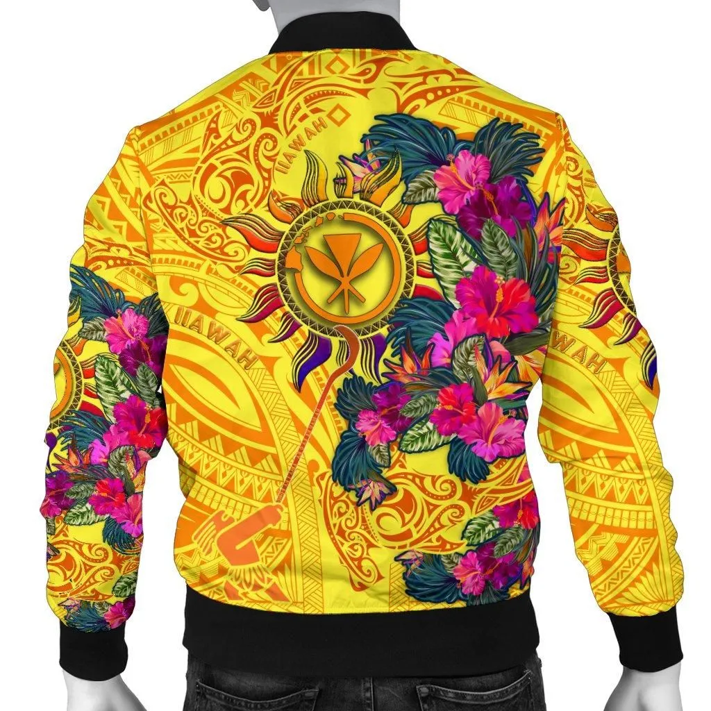 Polynesian Mens Bomber Jackets  - Hawaii Kanaka Maoli & Hibiscus Flowers With Polynesian Patterns