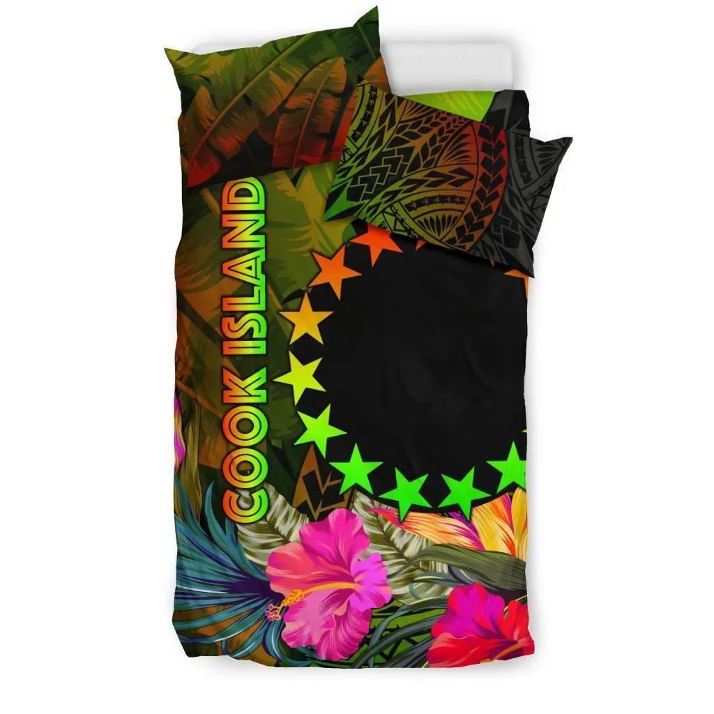 FamilyGater Bedding Set - Cover and Pillow Cases Cook Islands Polynesian -  Hibiscus and Banana Leaves - BN15