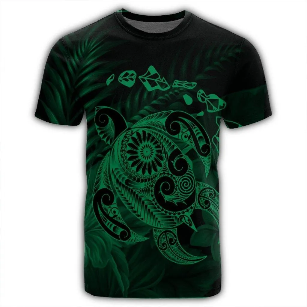 Hawaiian Map Turtle Tattoo Hibiscus Plumeria Polynesian T-Shirt - Green - AH