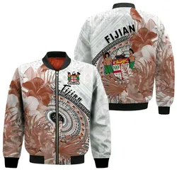 Fiji Tapa Bomber Jacket White Fijian Masi Be Loved Hibiscus LT13