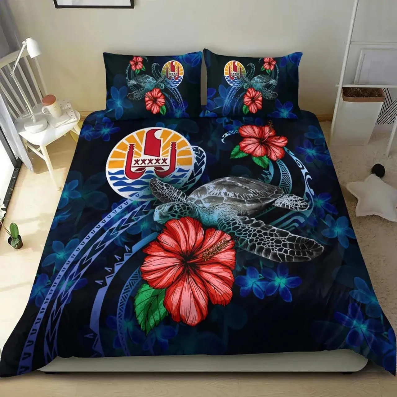 Tahiti Polynesian Bedding Set - Blue Turtle Hibiscus