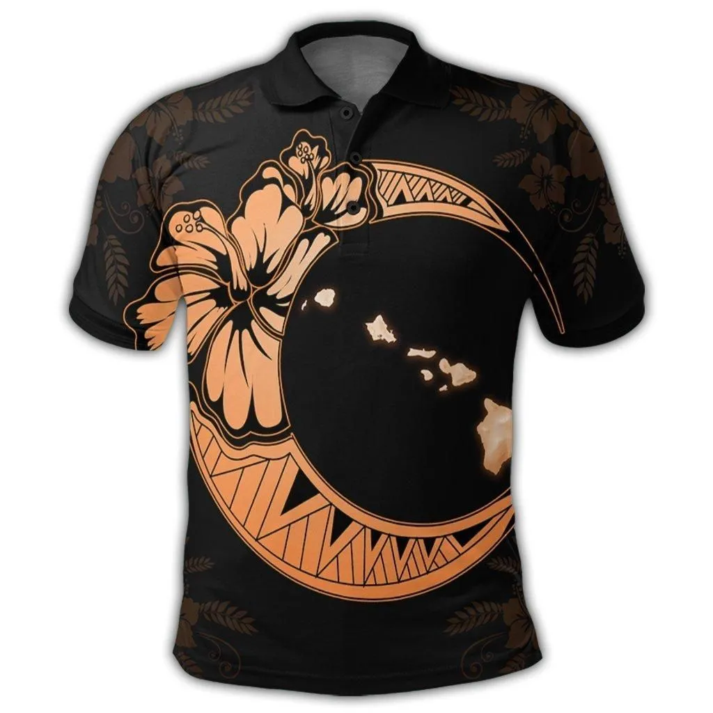 Hawaiian Map Hibiscus Turtle Polynesian Moon Polo Shirt Orange