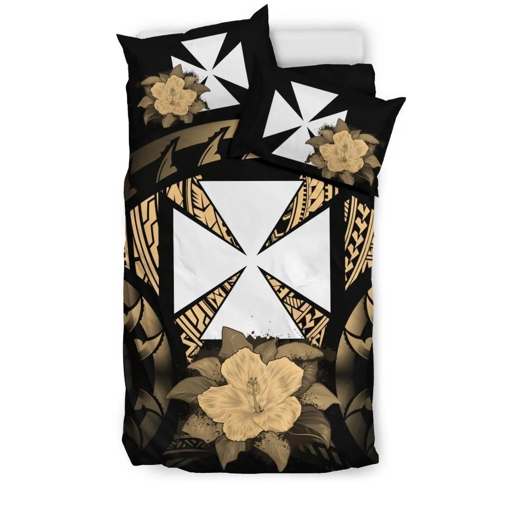 Wallis And Futuna Gold Hibiscus Black Bedding Set Bedroom Decor