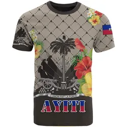 Haiti T shirt - Coat of Arms Hibiscus Plumeria Light Brown