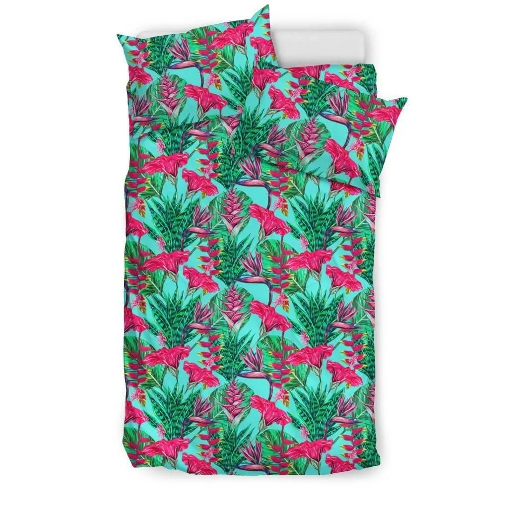 Alohawaii Home Set - Hawaiian Tropical Strelitzia Heliconias Hibiscus Blue Background Polynesian Bedding Set - AH - J7