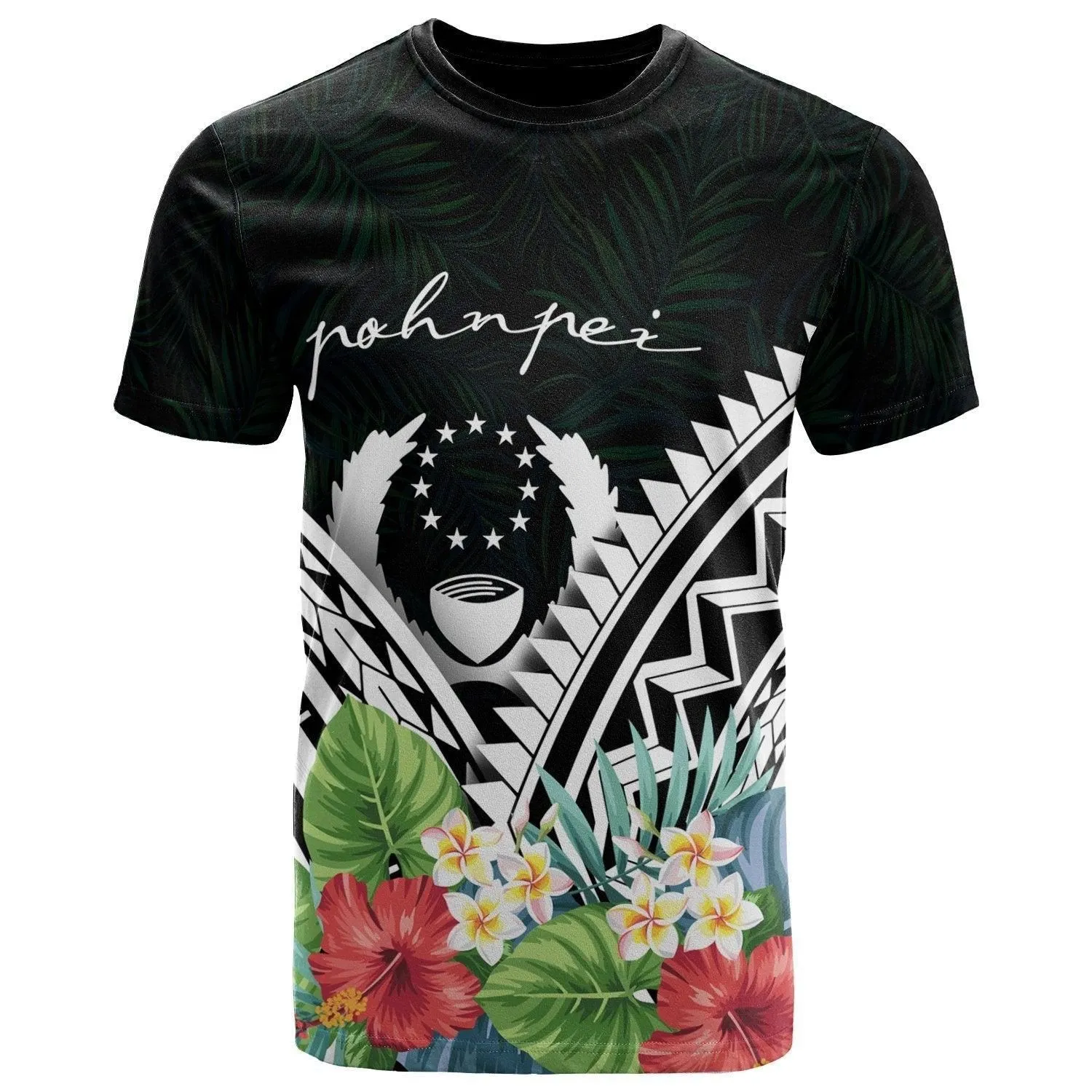 Pohnpei Polynesian T shirts - Pohnpei Coat of Arms and Polynesian Tropical Flowers White