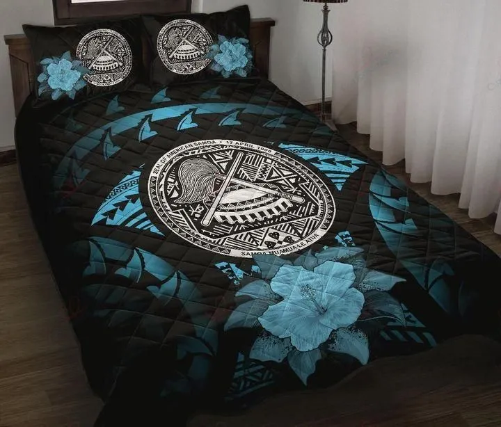 American Samoa Polynesian Hibiscus Blue Quilt Bedding Set-ML