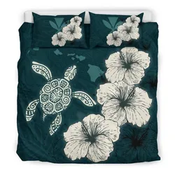 Hawaiian Hibiscus Turtle Polynesian Bedding Set - Maps Style Green