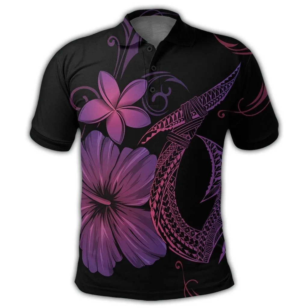 Hawaiian Fish Hook Hibiscus Plumeria Polynesian Polo Shirt - Pink - AH