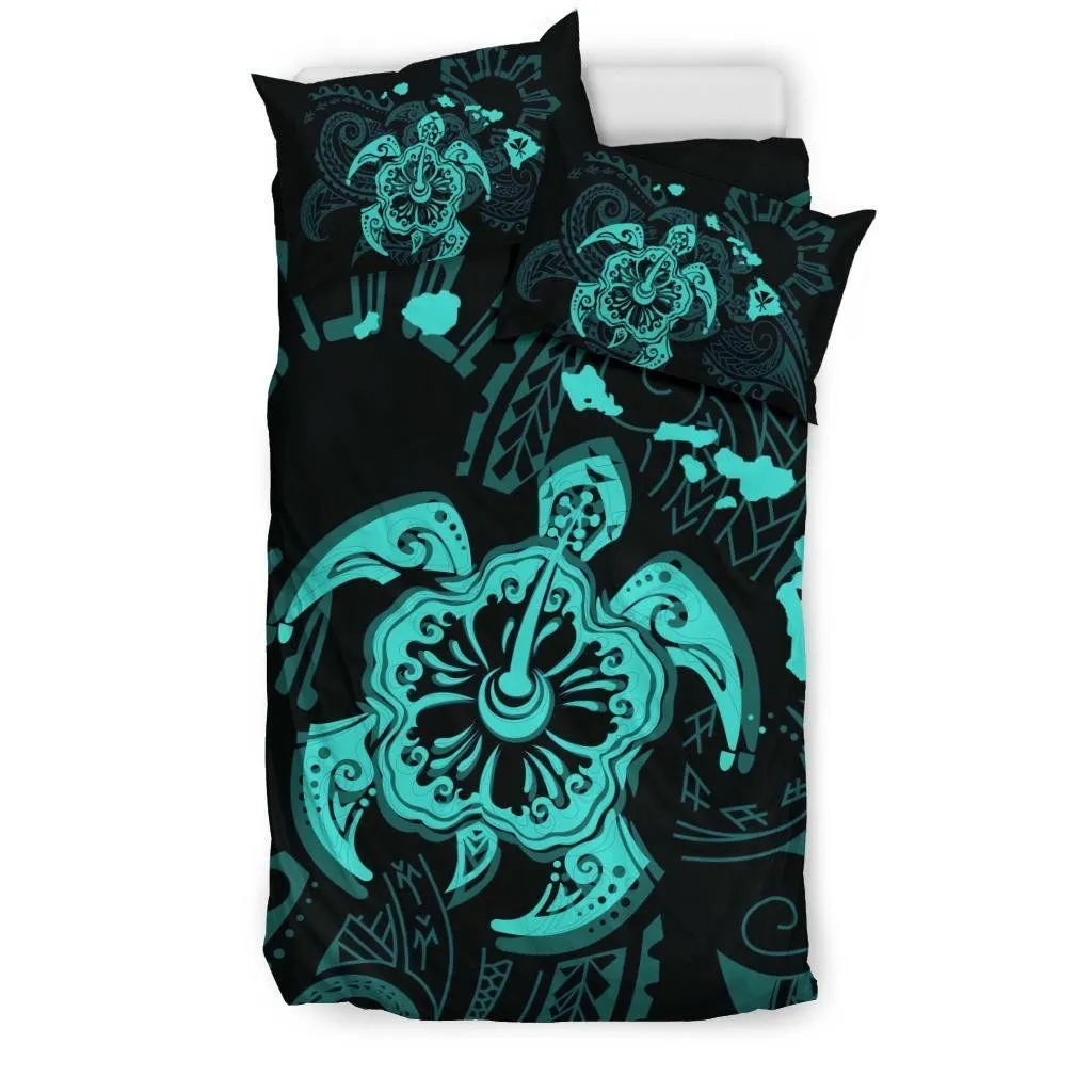 FamilyGater Bedding Set - Cover and Pillow Cases Hawaiian Map Kanaka Hibiscus Turtle Turquoise Polynesian  - AH - J4