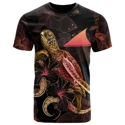 Alohawaii T-Shirt - Tee Tokelau Polynesian - Turtle With Blooming Hibiscus Gold - BN22