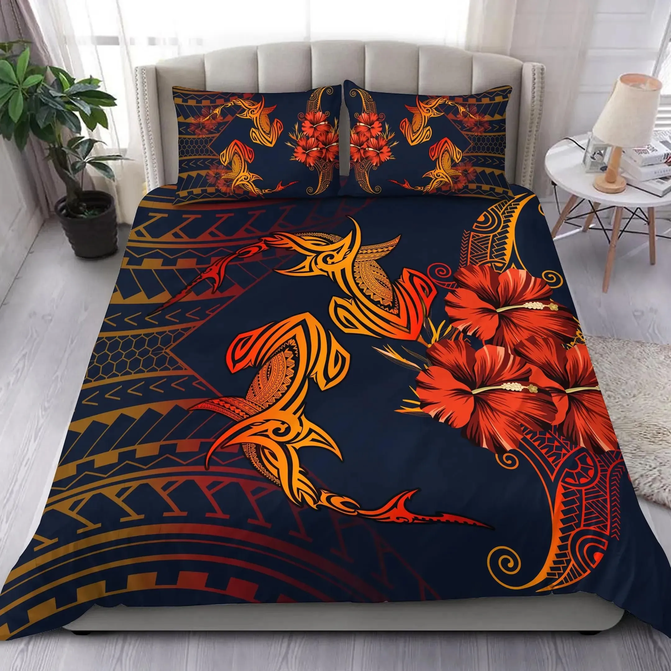 FamilyGater Home Set - Hawaii Couple Shark Hibiscus Polynesian Bedding Set - Mina Style - AH - J2