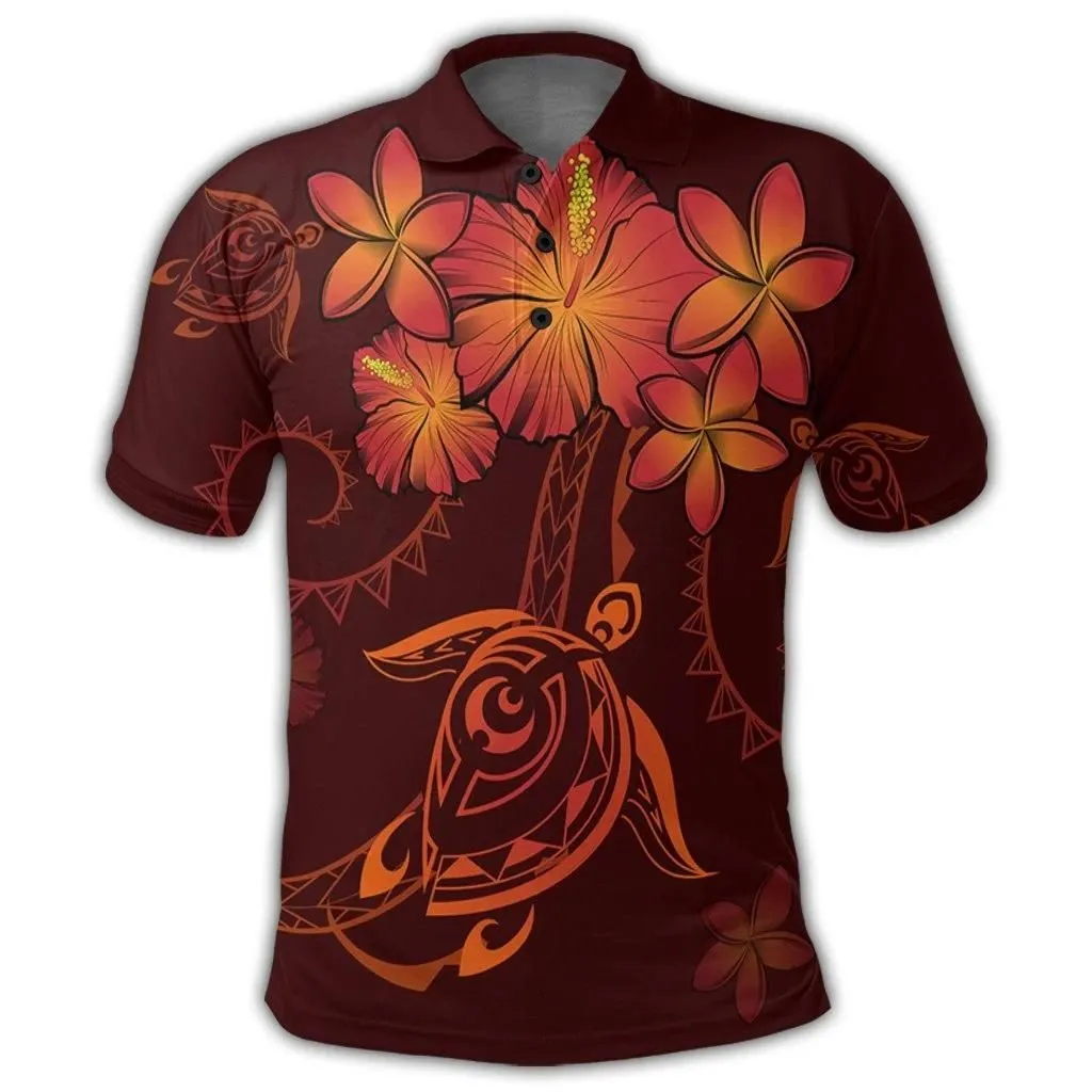 Alohawaii Shirt - Hawaiian Turtles Hibiscus Plumeria Polynesian Polo Shirt - Red - AH - J4R