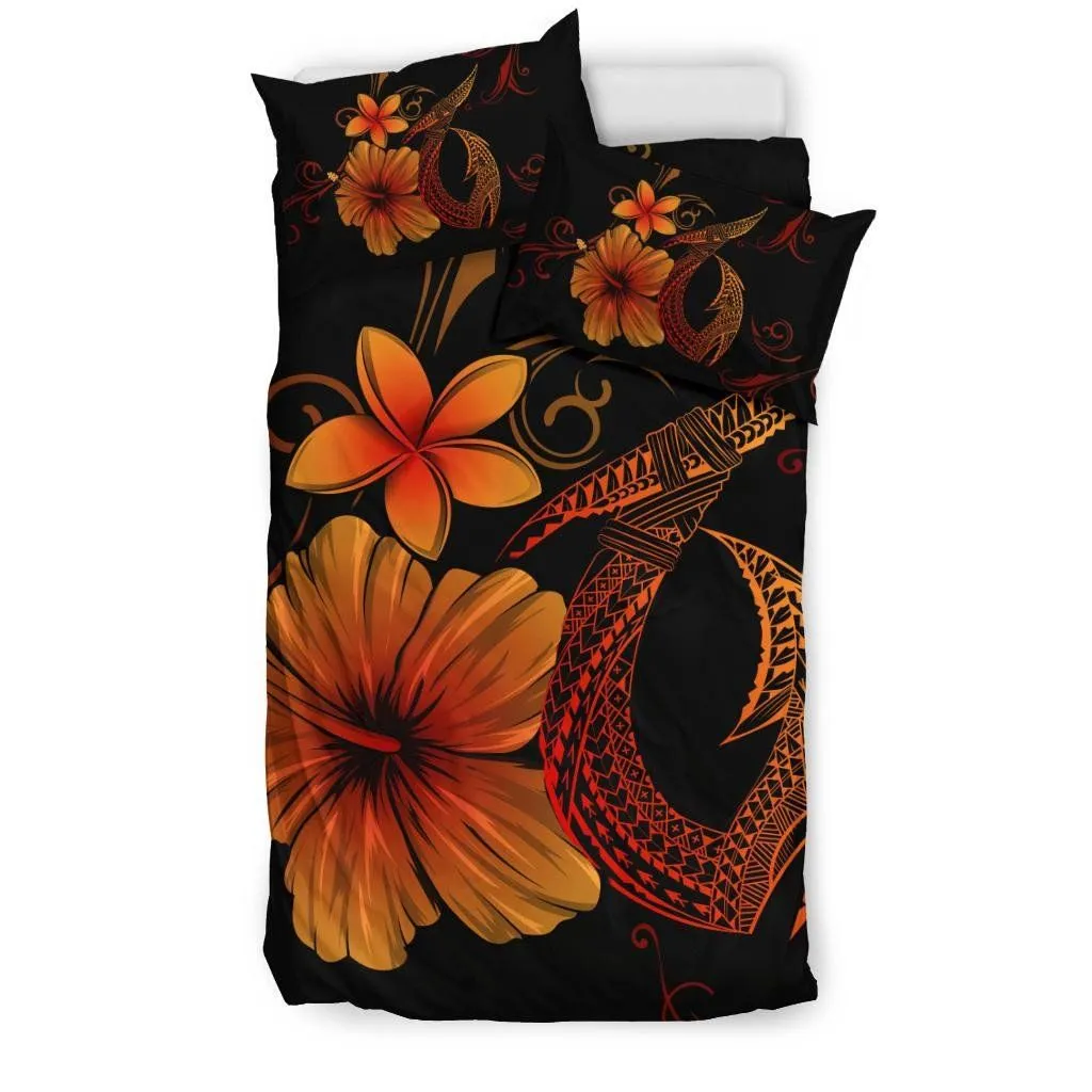 FamilyGater Home Set - Hawaiian Fish Hook Hibiscus Plumeria Polynesian Bedding Set - Orange - AH J4