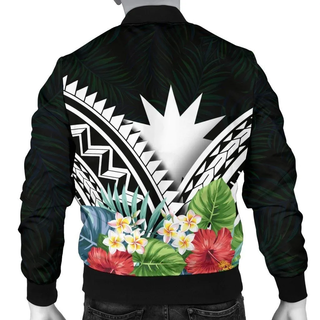 Nauru Mens Bomber Jacket - Nauru Coat of Arms and Polynesian Tropical Flowers White