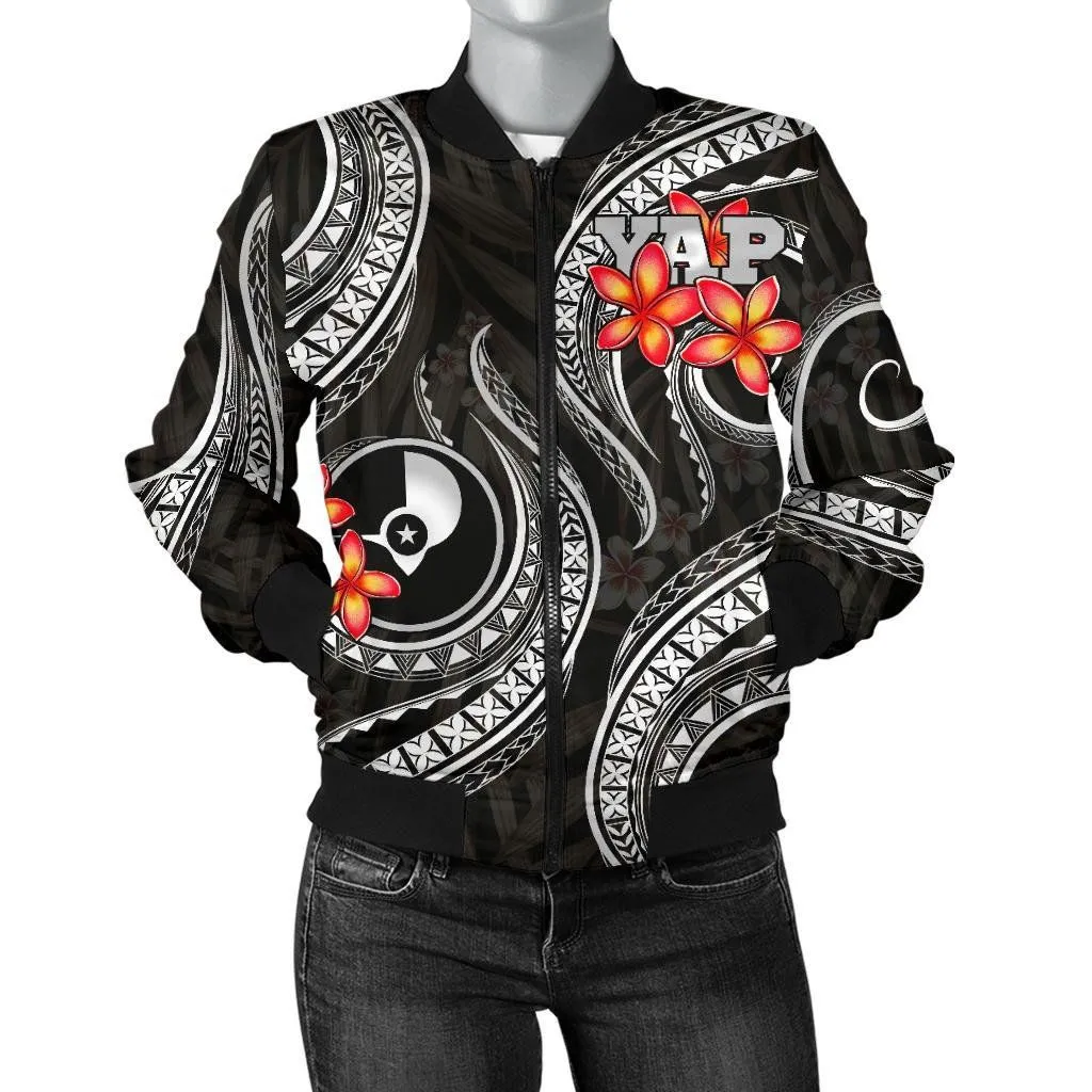 Yap Micronesian Women Bomber Jacket - Black Plumeria - BN11