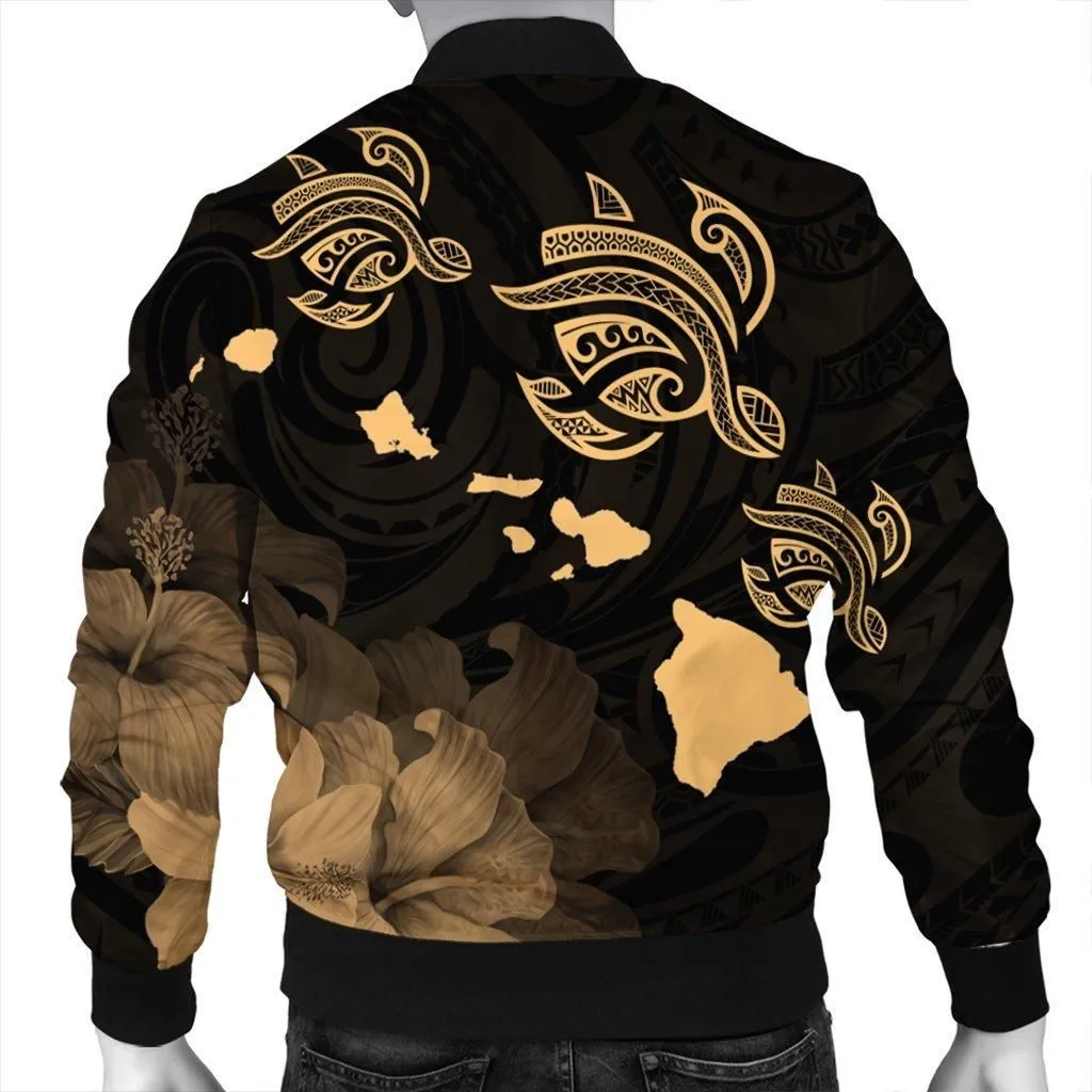 Hawaii Turtle Hibiscus Map Polynesian Bomber Jacket Gold - AH
