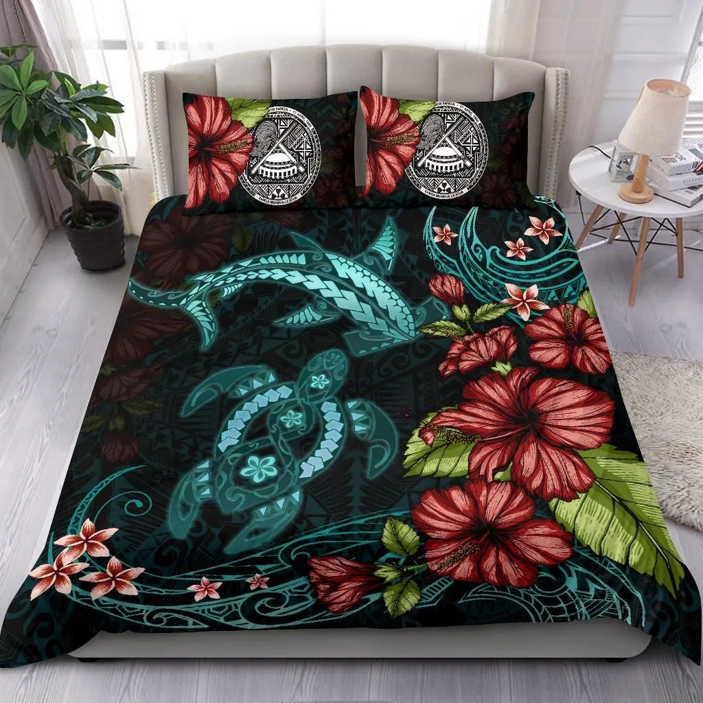 Alohawaii Bedding Set - Cover and Pillow Cases American Samoa Shark and Turtle Turquoise Hibiscus TH5