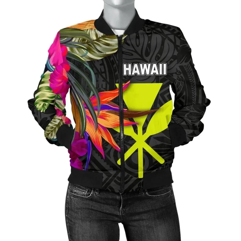 Hawaii Women's Bomber Jacket - Hibiscus Polynesian Pattern - BN39