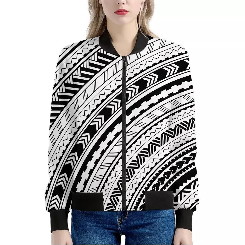 Black And White Maori Polynesian Print Womens Bomber Jacket