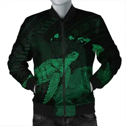 Hawaii Polynesian Hibiscus Turtle Map Bomber Jacket Green