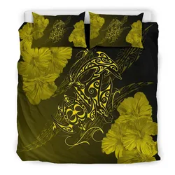 Hawaiian Hibiscus Dolphin Manta Ray Turtle Polynesian Bedding Set Waves Yellow - AH - J5