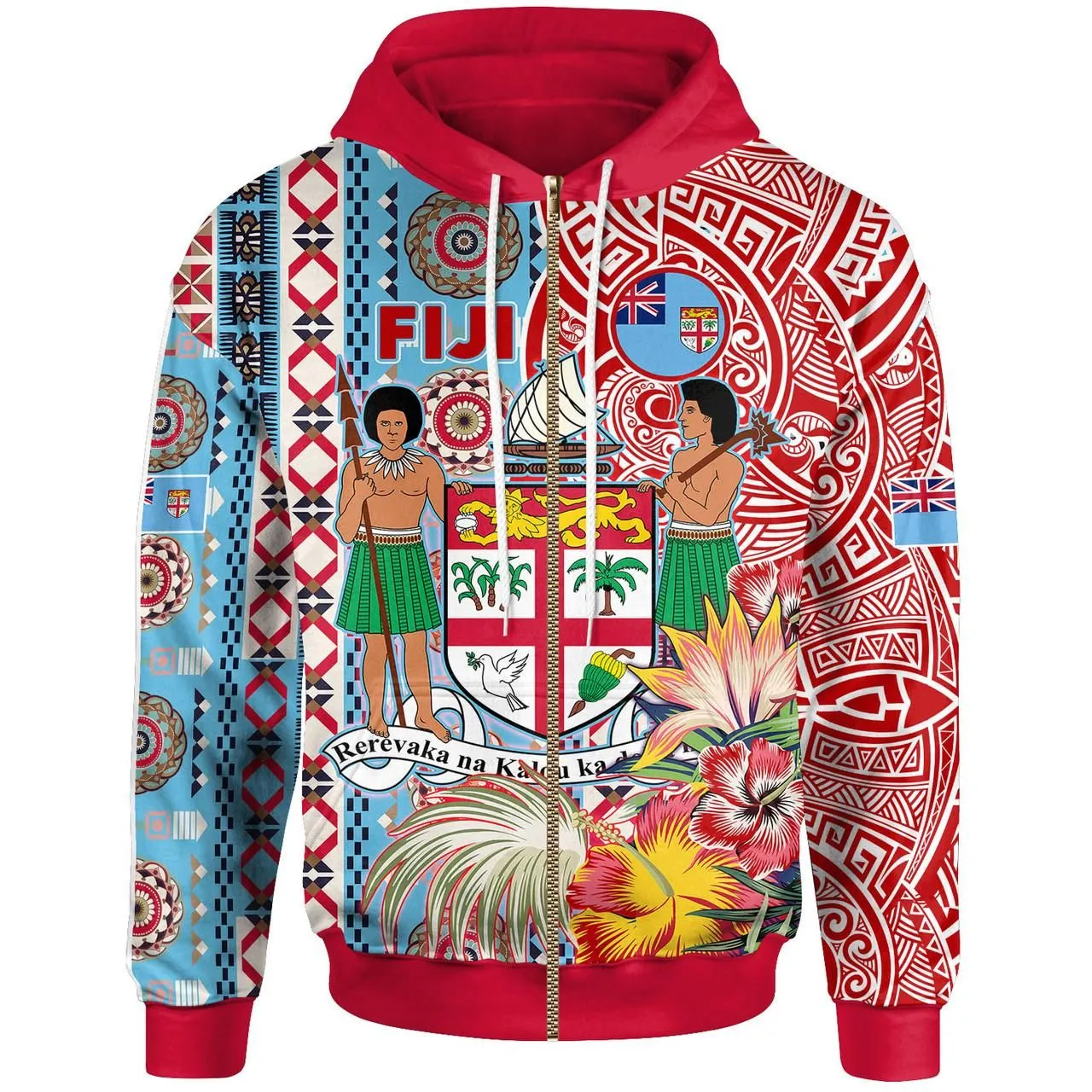 Fiji Polynesian Hoodie - Custom Fiji Coat of Arms With Tapa Patterns And Tribal Hibiscus Hoodie
