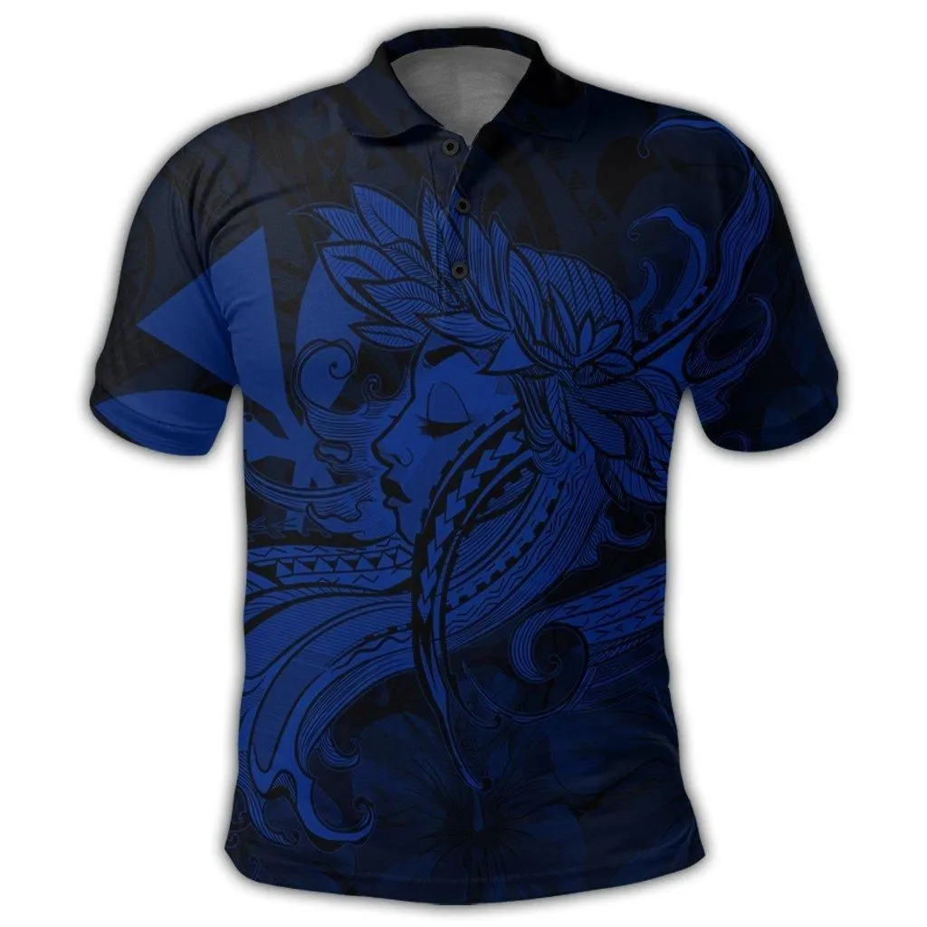 Hawaiian Map Hula Girl Hibiscus Kanaka Polynesian Polo Shirt - Blue