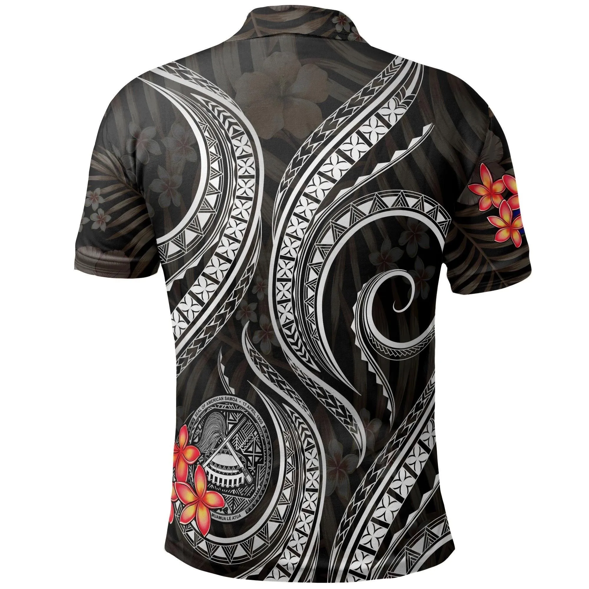 American Samoa Polo Shirt - American Samoa Flag Seal Tentacle Plumeria Black White - BN11