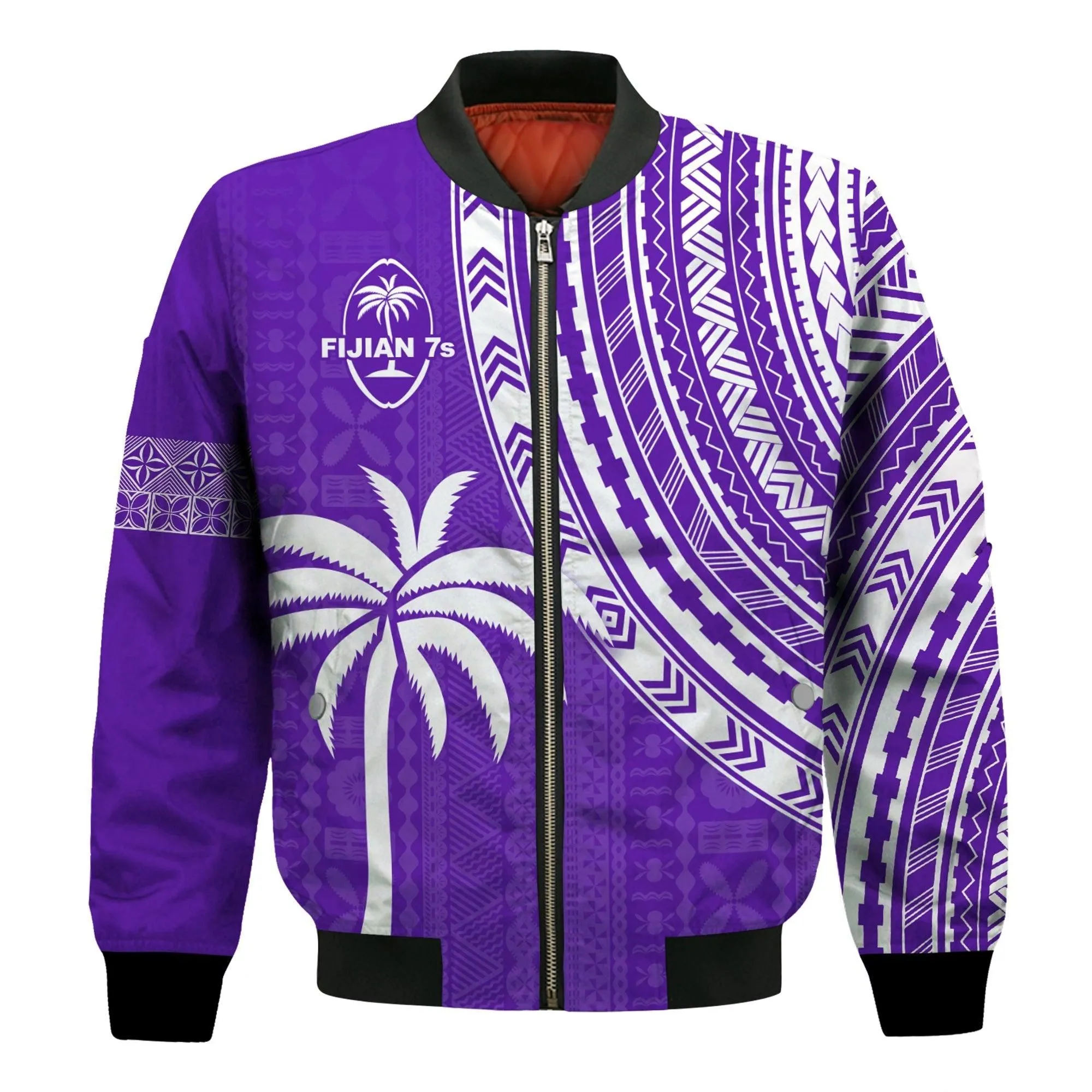 (Custom Text and Number) Fiji Rugby Sevens Bomber Jacket Fijian 7s Tapa Polynesian Purple LT13