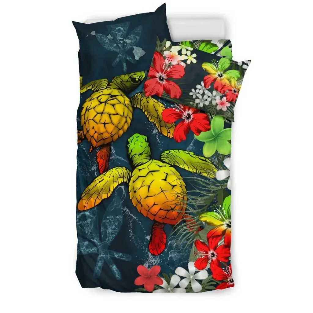 Kanaka Maoli (Hawaiian) Bedding set - Sea Turtle Tropical Hibiscus And Plumeria Reggae A24