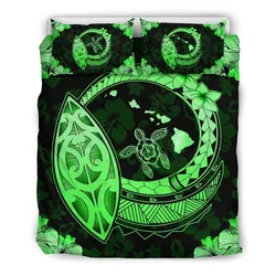 Hawaiian Map Hibiscus Plumeria Turtle Polynesian Bedding Set Green