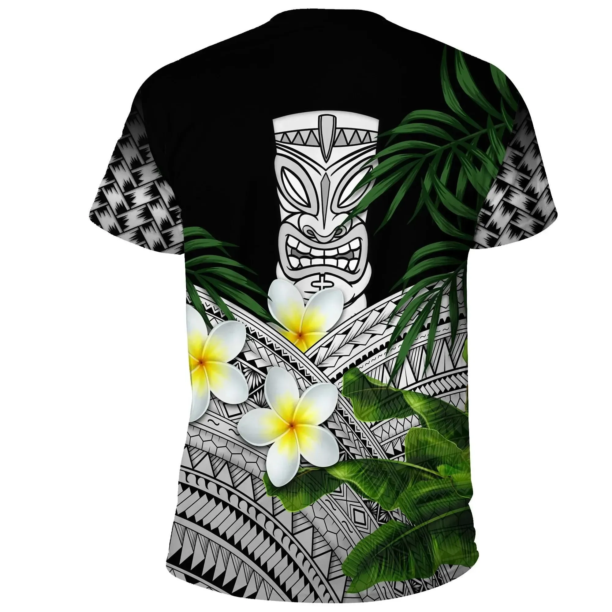 Hawaii T-Shirts, Polynesian Tiki Plumeria Banana Leaves Gray A02