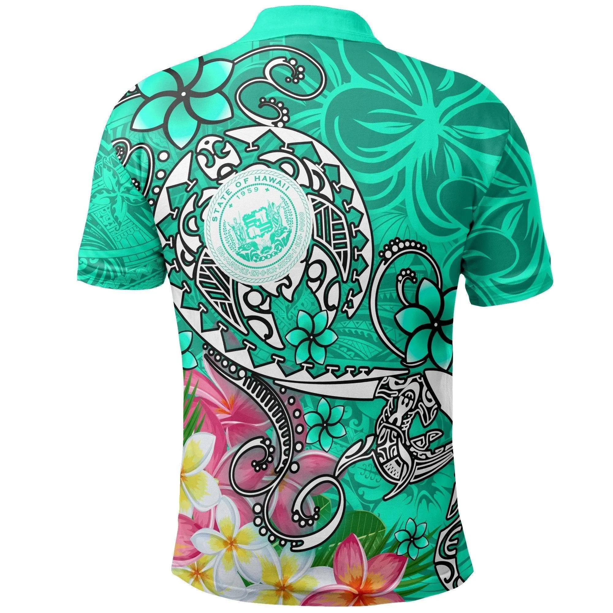 Hawaii Polynesian Polo Shirts - Hawaii Seal With Turtle Plumeria (Turquoise)