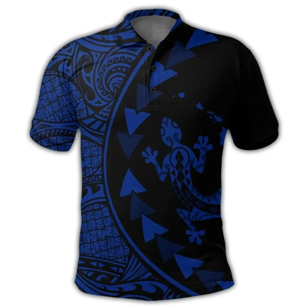 Alohawaii Shirt - Hawaiian Map Gecko Tattoo Kakau Polynesian Polo Shirt Blue AH - J0R