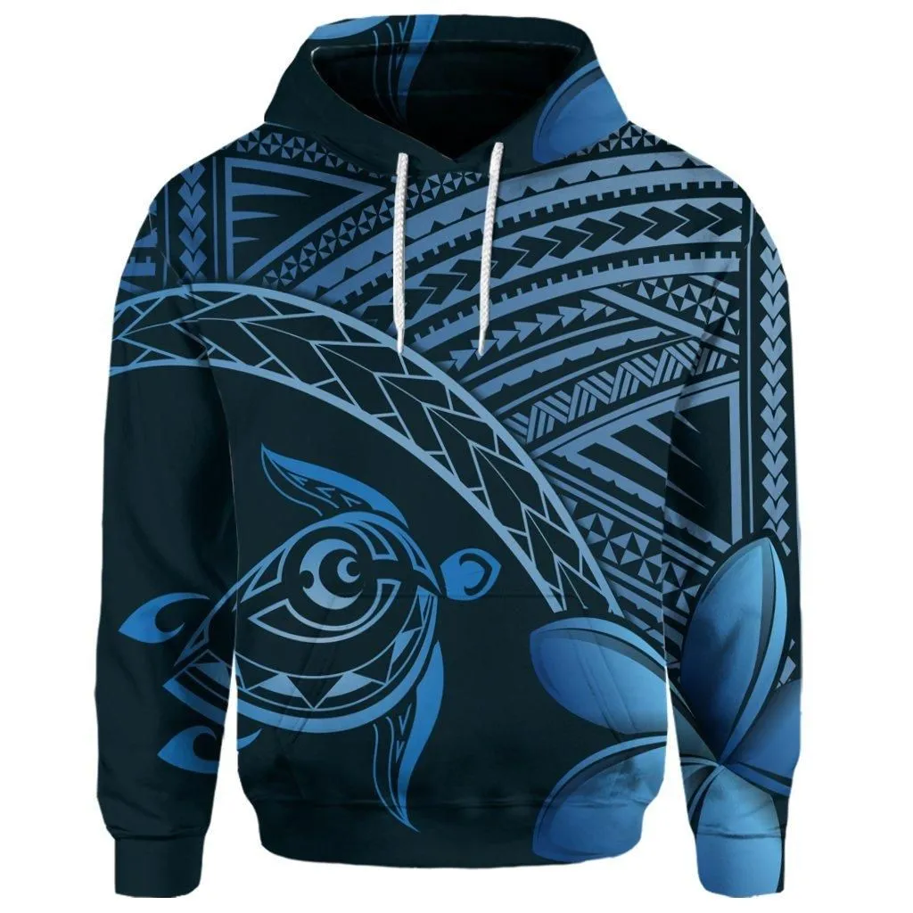 (Personalised) Hawaiian Turtle Plumeria Kakau Polynesian Quilt Hoodie Neo Blue AH