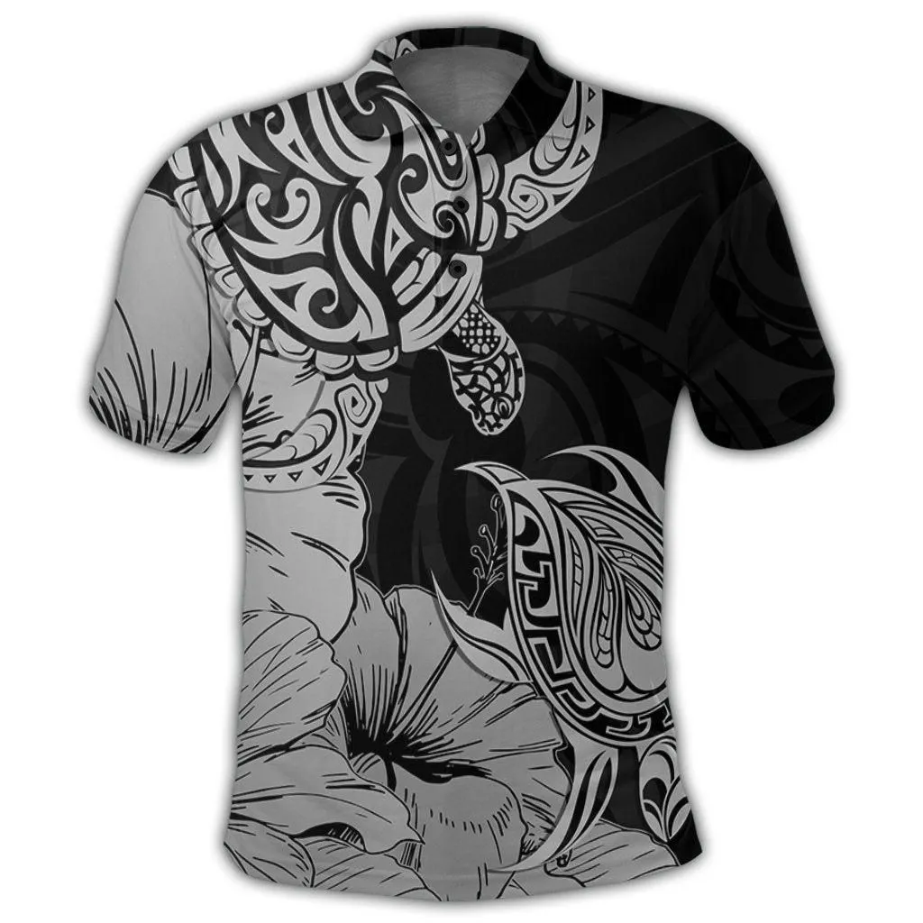 Hawaii Turtle Polo Shirt Polynesian Hibiscus Art Gray - AH