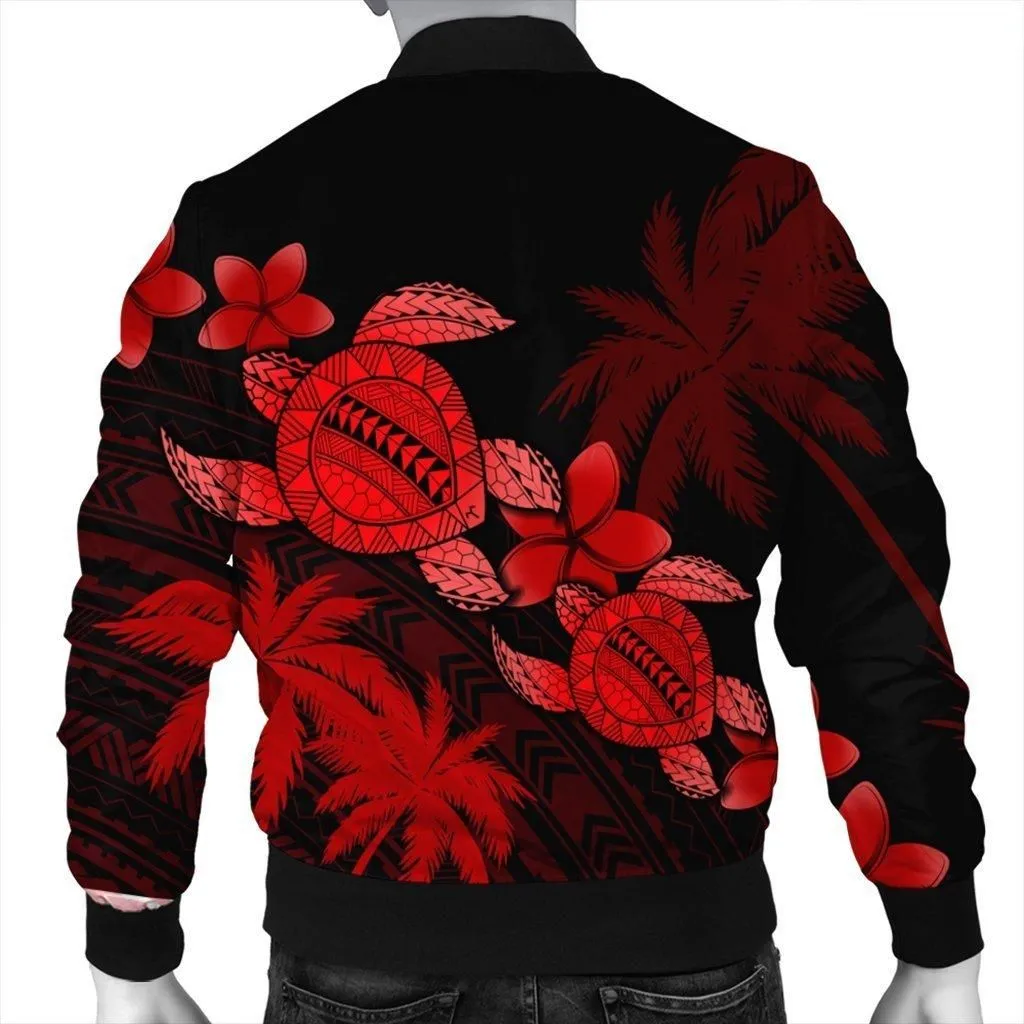 Hawaii Turtle Plumeria Coconut Tree Polynesian Bomber Jacket - Red