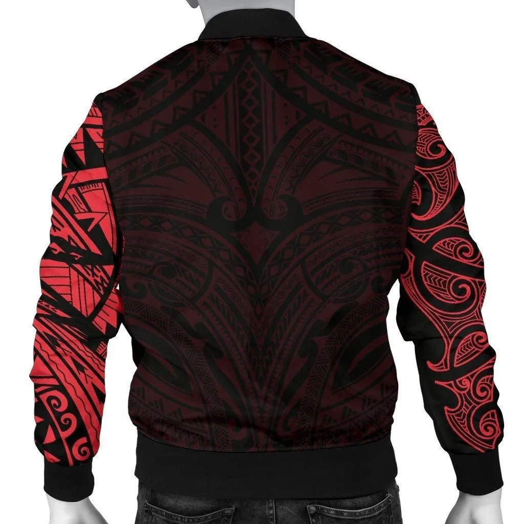 New Zealand Mens Bomber Jacket, Maori Polynesian Tattoo Red