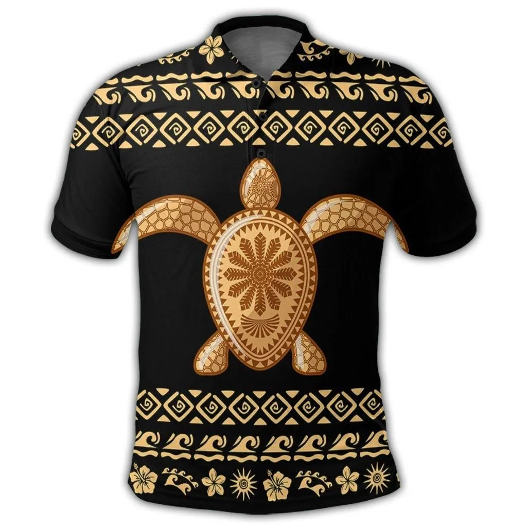 Hawaiian Golden Turtle Hibiscus Plumeria Polynesian Polo Shirt - AH
