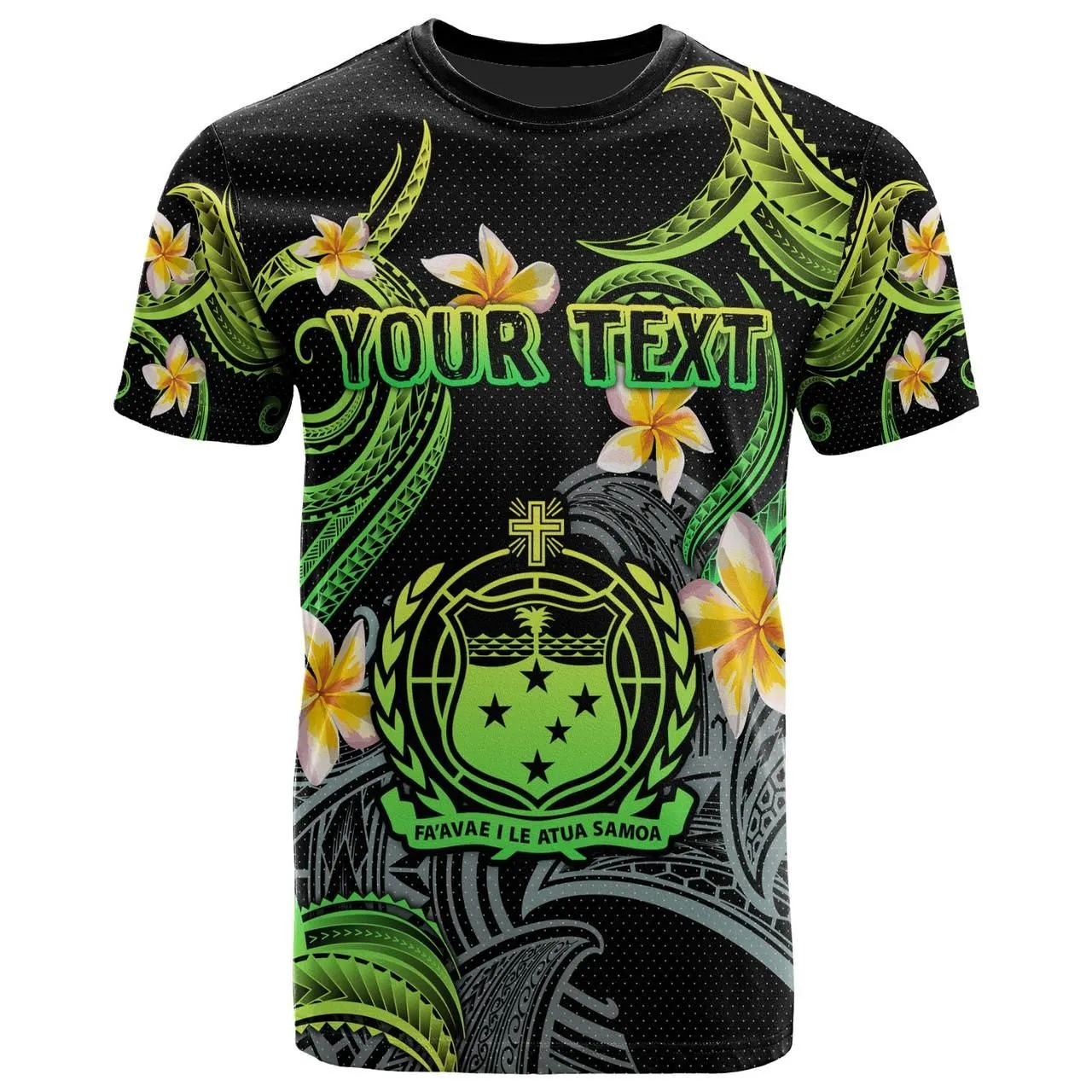 Samoa T-shirt - Custom Personalised Polynesian Waves with Plumeria Flowers (Green)