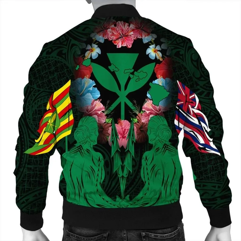 FamilyGater Jacket - Hawaii Map Kanaka Two Men Holding Flag Bomber Jacket Green - AH - J5R
