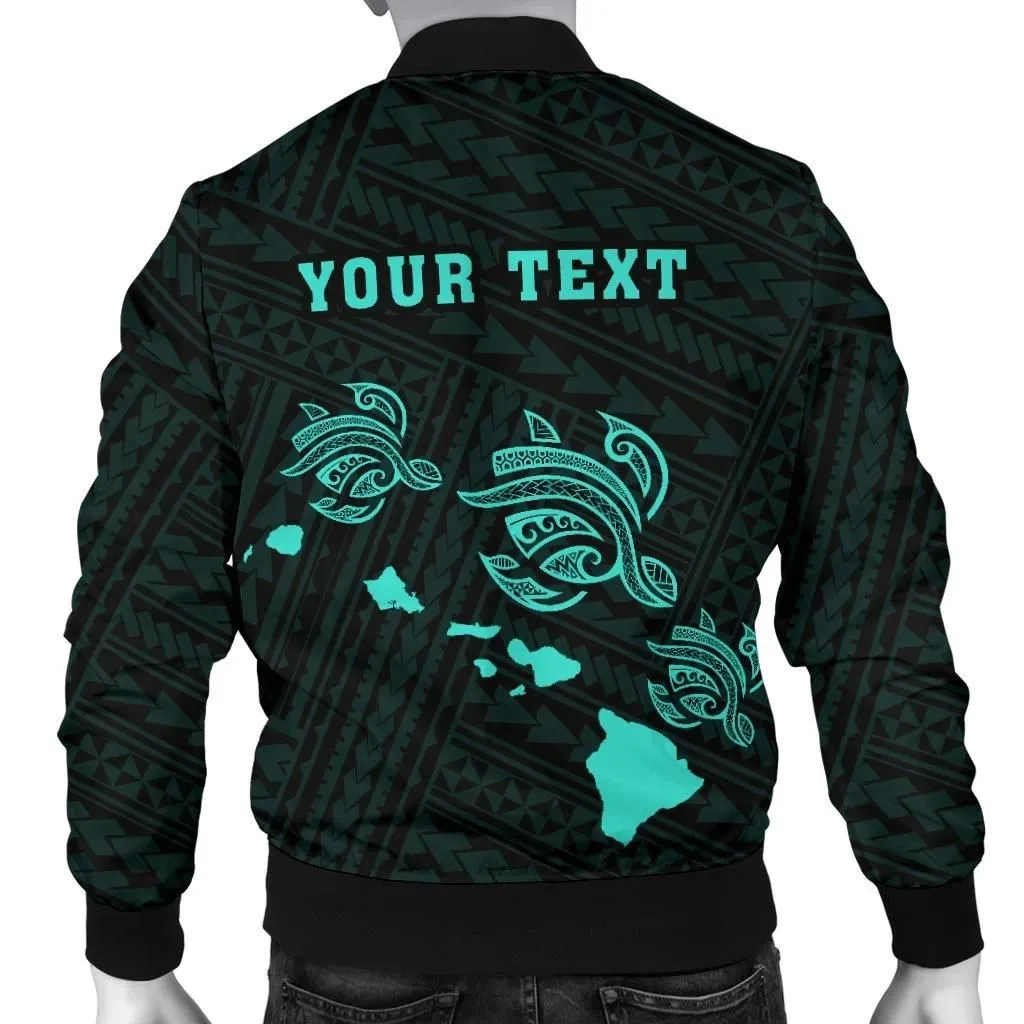 Hawaii Kakau Polynesian Three Turtles Map Personalized Men's Bomber Jacket - Turquoise - AH - J6