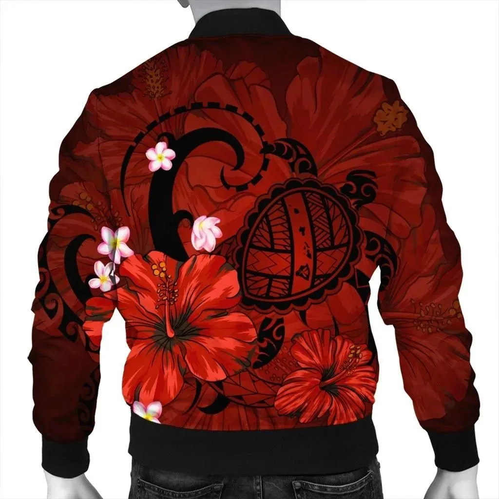 FamilyGater Jacket - Hawaiian Map Big Turtle Hibiscus Plumeria Tribal Polynesian Bomber Jacket - Red - AH - J6R