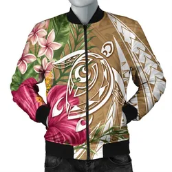 Hawaii Polynesian Turtle Tropical Hibiscus Plumeria Bomber Jacket - Gold - AH