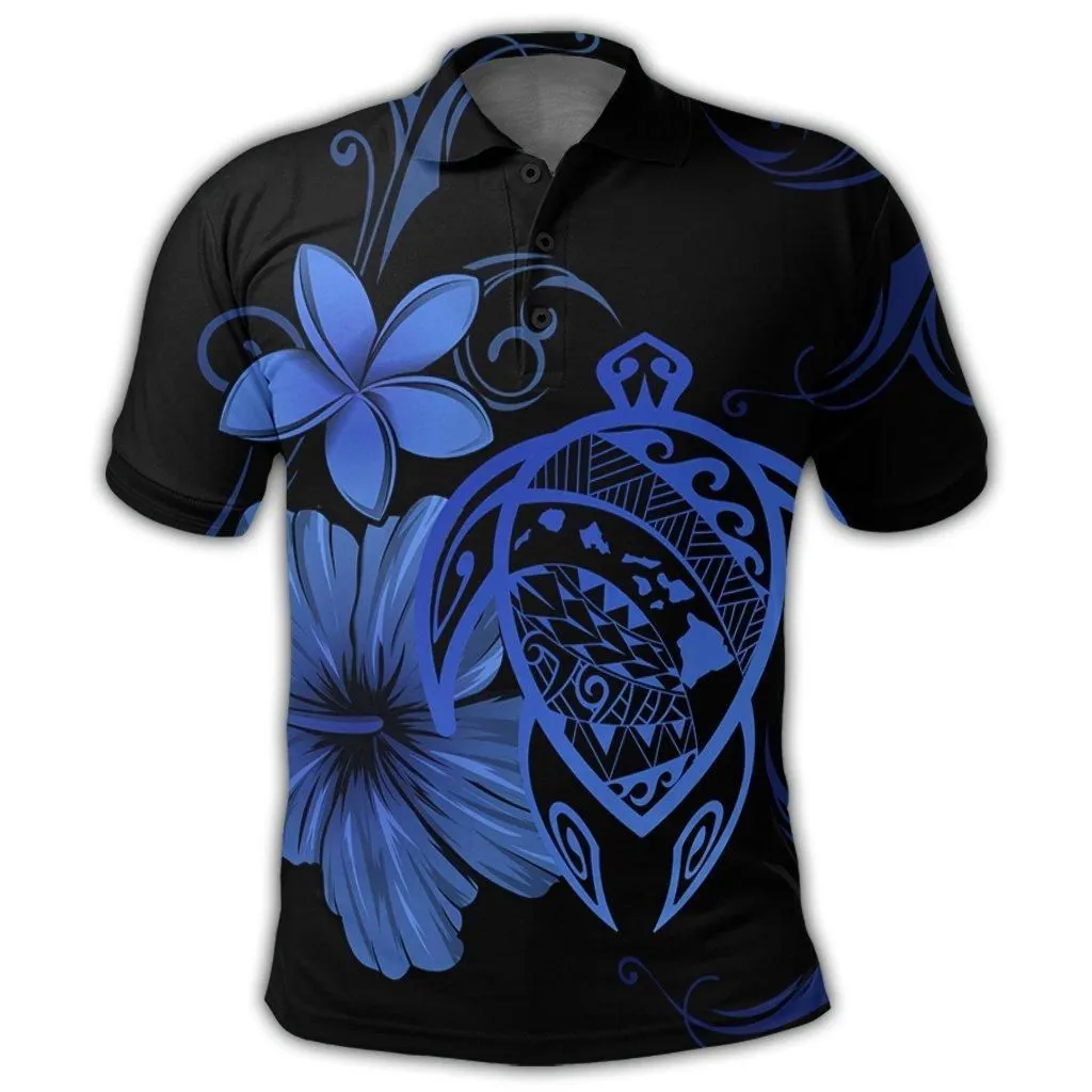 Hawaiian Map Turtle Hibiscus Plumeria Polynesian Polo Shirt - Blue