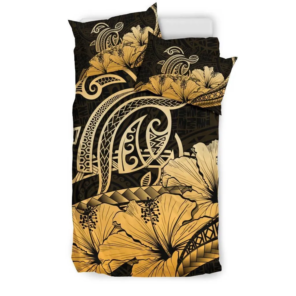 Hawaiian Map Hibiscus Turtle Polynesian Bedding Set Gold