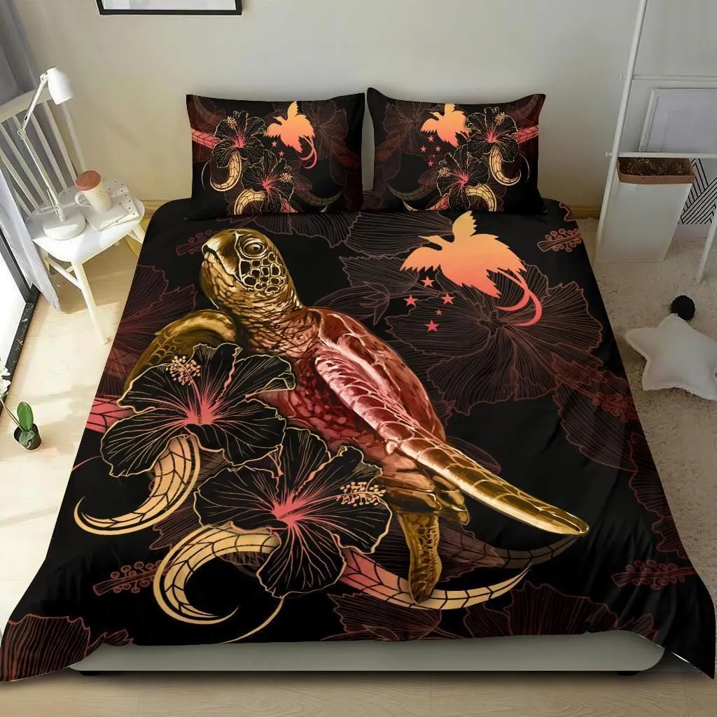 Papua New Guinea Polynesian Bedding Set - Turtle With Blooming Hibiscus Gold