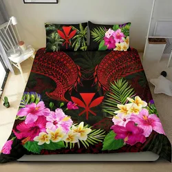 Polynesian Bedding Set - Hawaii Duvet Cover Red Kanaka Maoli Hibiscus Plumeria Coconut