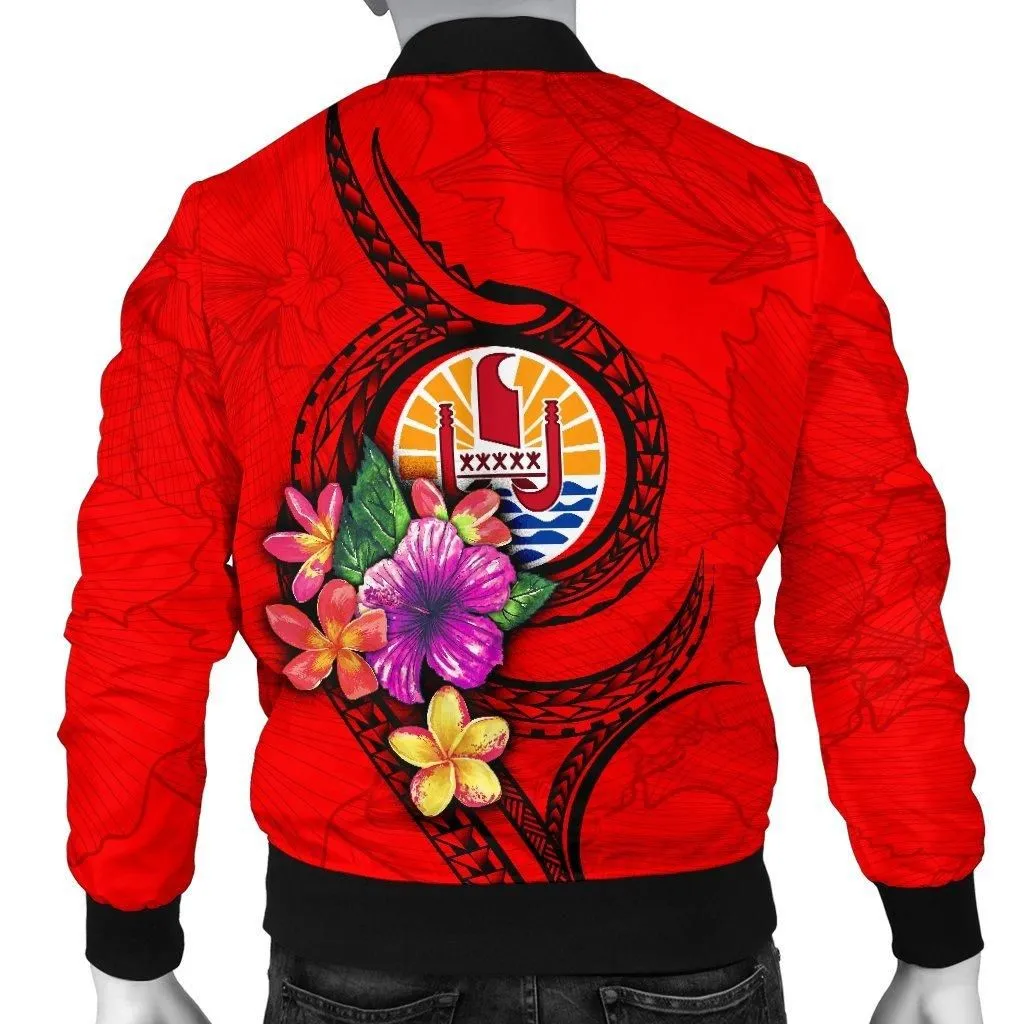 Tahiti Polynesian Mens Bomber Jacket - Floral With Seal Red